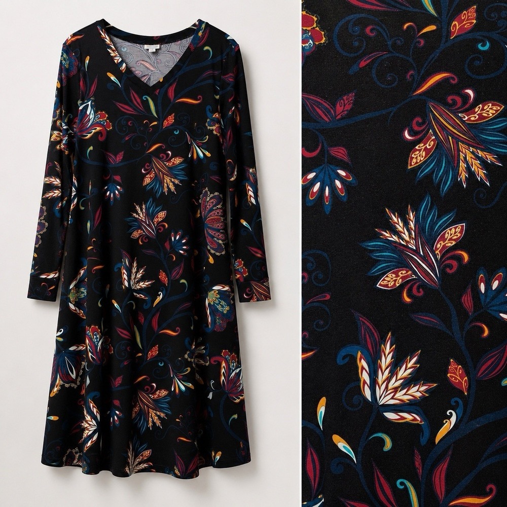 LuLaRoe Dark Floral Dress XL T-Shirt Swing Stretch Long Sleeve V-Neck Boho Artsy